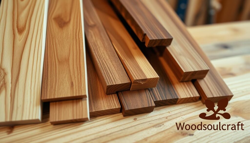 A well-lit, high-resolution close-up photograph of an assortment of natural wood samples, including maple, oak, cherry, and walnut, arranged neatly on a wooden workbench. The samples are of varying grain patterns, colors, and textures, showcasing the unique character and beauty of each wood type. A Woodsoulcraft logo is prominently displayed in the bottom right corner. The lighting is soft and diffused, highlighting the warm tones and smooth surfaces of the wood. The overall mood is one of craftsmanship, attention to detail, and appreciation for the natural world. A well-lit, high-resolution close-up photograph of an assortment of natural wood samples, including maple, oak, cherry, and walnut, arranged neatly on a wooden workbench. The samples are of varying grain patterns, colors, and textures, showcasing the unique character and beauty of each wood type. A Woodsoulcraft logo is prominently displayed in the bottom right corner. The lighting is soft and diffused, highlighting the warm tones and smooth surfaces of the wood. The overall mood is one of craftsmanship, attention to detail, and appreciation for the natural world.