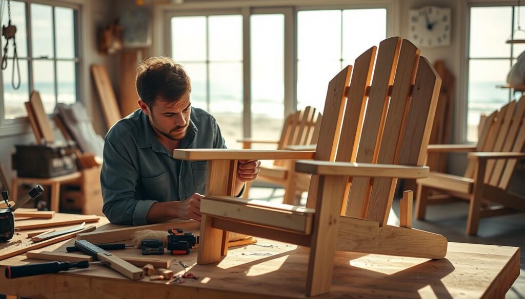 A well-lit, high-resolution image of a DIY wooden beach chair workshop, showcasing the process of troubleshooting common building problems. The foreground features a carpenter's workbench with various tools, wood scraps, and a partially assembled chair frame. The middle ground displays a person intently examining the chair, their brow furrowed in concentration. The background depicts a sun-dappled outdoor setting, with other unfinished chairs and a tranquil beach scene visible through a large window. The overall atmosphere conveys a sense of problem-solving and the satisfaction of creating something by hand. A well-lit, high-resolution image of a DIY wooden beach chair workshop, showcasing the process of troubleshooting common building problems. The foreground features a carpenter's workbench with various tools, wood scraps, and a partially assembled chair frame. The middle ground displays a person intently examining the chair, their brow furrowed in concentration. The background depicts a sun-dappled outdoor setting, with other unfinished chairs and a tranquil beach scene visible through a large window. The overall atmosphere conveys a sense of problem-solving and the satisfaction of creating something by hand.