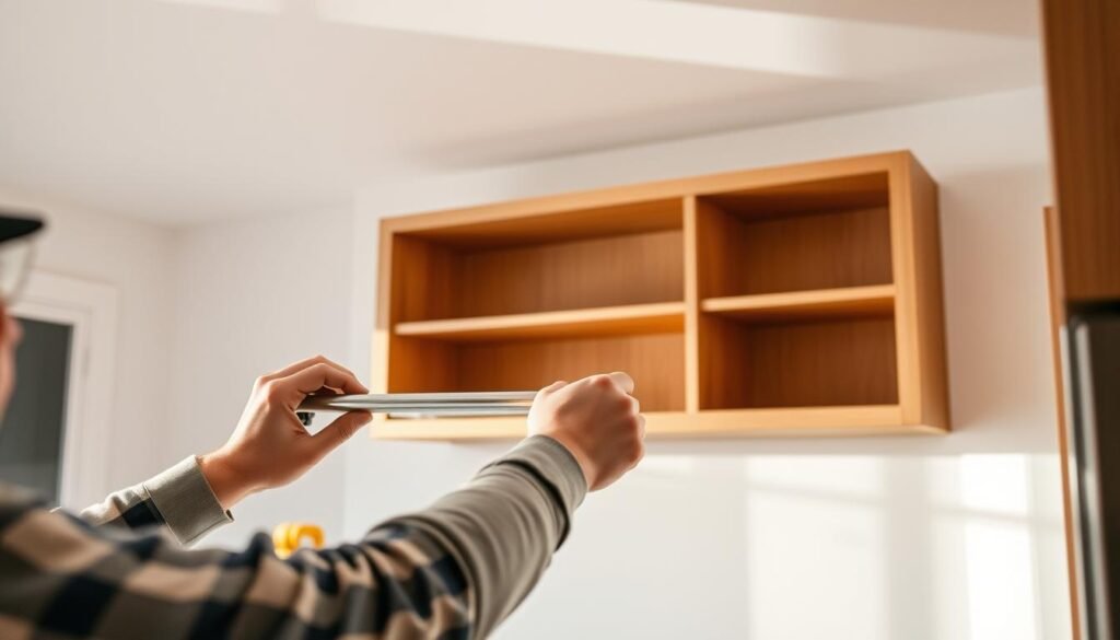 A well-lit kitchen interior with a frameless cabinet installation in progress. The cabinet is being carefully mounted onto the wall, with the installer's hands and tools visible in the foreground. The middle ground shows the cabinet's sleek, minimalist design, accentuated by the warm, natural lighting. The background features a clean, uncluttered workspace, providing a sense of order and precision to the DIY project. The overall scene conveys a sense of focus, attention to detail, and the satisfaction of a job well done. A well-lit kitchen interior with a frameless cabinet installation in progress. The cabinet is being carefully mounted onto the wall, with the installer's hands and tools visible in the foreground. The middle ground shows the cabinet's sleek, minimalist design, accentuated by the warm, natural lighting. The background features a clean, uncluttered workspace, providing a sense of order and precision to the DIY project. The overall scene conveys a sense of focus, attention to detail, and the satisfaction of a job well done.
