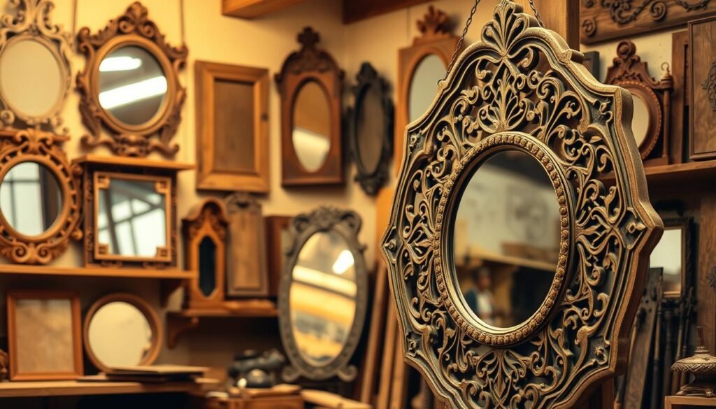 A well-lit, rustic woodworking studio with an assortment of handcrafted mirrors displayed on wooden shelves. The mirrors feature intricate carved frames in various shapes and designs, showcasing the skilled craftsmanship of the woodworker. Soft, warm lighting casts a cozy glow, highlighting the natural wood grains and textures. In the foreground, a large, ornate mirror with a unique geometric pattern frame takes center stage, inviting the viewer to imagine the endless customization possibilities for a one-of-a-kind woodworking mirror. The overall scene exudes a sense of artisanal charm and bespoke elegance. A well-lit, rustic woodworking studio with an assortment of handcrafted mirrors displayed on wooden shelves. The mirrors feature intricate carved frames in various shapes and designs, showcasing the skilled craftsmanship of the woodworker. Soft, warm lighting casts a cozy glow, highlighting the natural wood grains and textures. In the foreground, a large, ornate mirror with a unique geometric pattern frame takes center stage, inviting the viewer to imagine the endless customization possibilities for a one-of-a-kind woodworking mirror. The overall scene exudes a sense of artisanal charm and bespoke elegance.