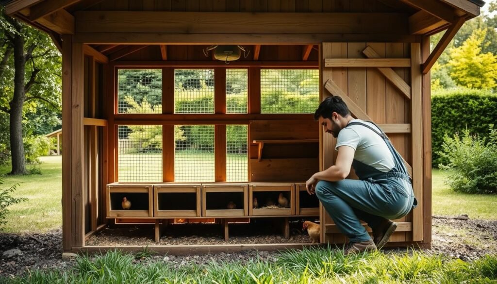 A well-lit, spacious DIY chicken coop shed, its wooden exterior weathered and charming. In the foreground, a person in overalls crouches, carefully inspecting the coop's nesting boxes and ensuring they are clean and well-maintained. The middle ground showcases the shed's sturdy frame, with a hinged door open, revealing the interior's organized layout - perches, feeders, and a secure run. In the background, a lush, verdant yard frames the scene, creating a tranquil, pastoral atmosphere. Soft natural lighting filters through the open door, casting a warm glow on the hardworking caretaker. The overall tone conveys a sense of diligent, hands-on care and attention to detail in preserving the chicken coop shed for seasons to come. A well-lit, spacious DIY chicken coop shed, its wooden exterior weathered and charming. In the foreground, a person in overalls crouches, carefully inspecting the coop's nesting boxes and ensuring they are clean and well-maintained. The middle ground showcases the shed's sturdy frame, with a hinged door open, revealing the interior's organized layout - perches, feeders, and a secure run. In the background, a lush, verdant yard frames the scene, creating a tranquil, pastoral atmosphere. Soft natural lighting filters through the open door, casting a warm glow on the hardworking caretaker. The overall tone conveys a sense of diligent, hands-on care and attention to detail in preserving the chicken coop shed for seasons to come.