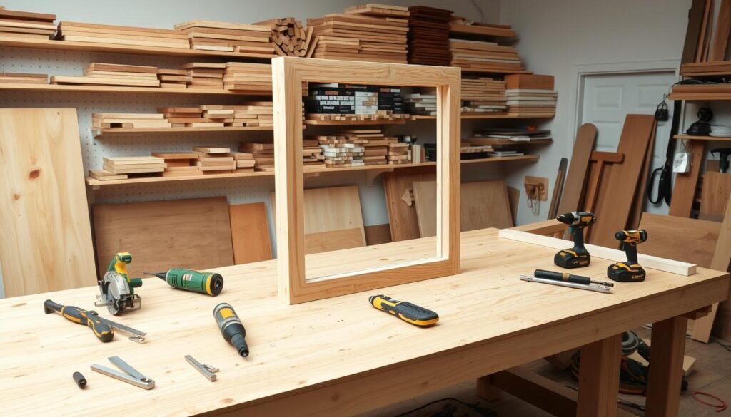 A well-lit woodworking studio, with a large workbench in the foreground. On the workbench, various hand tools and power tools are neatly arranged, including a circular saw, chisels, and a cordless drill. In the middle ground, a partially constructed wooden mirror frame takes shape, the pieces carefully joined together with wood glue and clamps. The frame is made of sturdy, natural-looking wood, with a slightly rustic, handcrafted aesthetic. The background features a wall of shelves stocked with an assortment of wood, stains, and finishing supplies, creating a sense of a well-equipped DIY workspace. The overall mood is one of focused, thoughtful craftsmanship, with a touch of warmth and hominess. A well-lit woodworking studio, with a large workbench in the foreground. On the workbench, various hand tools and power tools are neatly arranged, including a circular saw, chisels, and a cordless drill. In the middle ground, a partially constructed wooden mirror frame takes shape, the pieces carefully joined together with wood glue and clamps. The frame is made of sturdy, natural-looking wood, with a slightly rustic, handcrafted aesthetic. The background features a wall of shelves stocked with an assortment of wood, stains, and finishing supplies, creating a sense of a well-equipped DIY workspace. The overall mood is one of focused, thoughtful craftsmanship, with a touch of warmth and hominess.