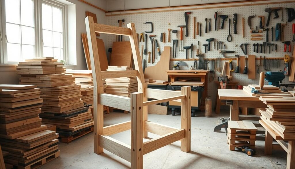 A well-lit woodworking workshop with natural lighting streaming through large windows. In the foreground, a sturdy wooden chair frame takes shape, its joints being carefully assembled with traditional woodworking tools like chisels, mallets, and hand saws. Intricate joinery techniques are visible, showcasing the craftsmanship involved in chair construction. In the middle ground, various woodworking materials are neatly organized - stacks of sanded and pre-cut wood planks, an assortment of clamps, sandpaper, and other essential tools. The background features a clean, tidy workspace with pegboards displaying a variety of hand tools, providing a sense of the complete setup required for DIY chair building. A well-lit woodworking workshop with natural lighting streaming through large windows. In the foreground, a sturdy wooden chair frame takes shape, its joints being carefully assembled with traditional woodworking tools like chisels, mallets, and hand saws. Intricate joinery techniques are visible, showcasing the craftsmanship involved in chair construction. In the middle ground, various woodworking materials are neatly organized - stacks of sanded and pre-cut wood planks, an assortment of clamps, sandpaper, and other essential tools. The background features a clean, tidy workspace with pegboards displaying a variety of hand tools, providing a sense of the complete setup required for DIY chair building.