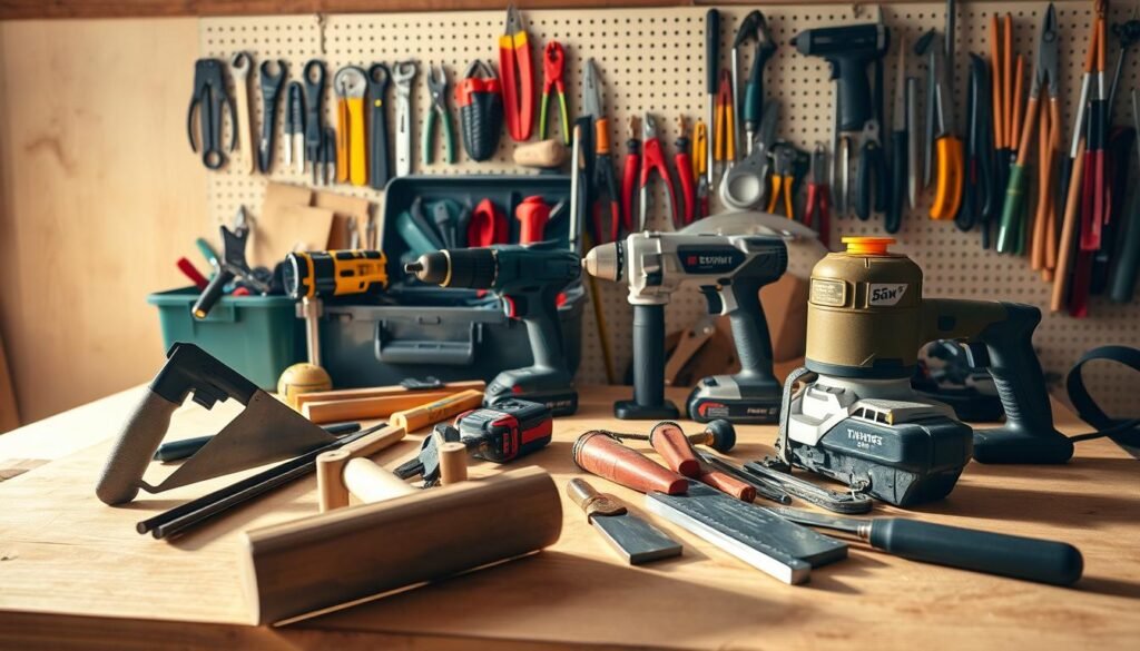 A well-lit workbench with an assortment of DIY woodworking tools neatly arranged. In the foreground, a high-quality hand saw, a sturdy mallet, and a set of sharp chisels cast long shadows. In the middle ground, a powerful cordless drill, a precision jigsaw, and a palm sander stand ready for action. In the background, a toolbox overflows with various pliers, clamps, and measuring tools, complemented by a wall-mounted pegboard displaying an array of carefully organized hand tools. The lighting is warm and natural, creating a sense of craftsmanship and productivity. The overall scene conveys the enthusiasm and preparedness required for a beach chair building project. A well-lit workbench with an assortment of DIY woodworking tools neatly arranged. In the foreground, a high-quality hand saw, a sturdy mallet, and a set of sharp chisels cast long shadows. In the middle ground, a powerful cordless drill, a precision jigsaw, and a palm sander stand ready for action. In the background, a toolbox overflows with various pliers, clamps, and measuring tools, complemented by a wall-mounted pegboard displaying an array of carefully organized hand tools. The lighting is warm and natural, creating a sense of craftsmanship and productivity. The overall scene conveys the enthusiasm and preparedness required for a beach chair building project.