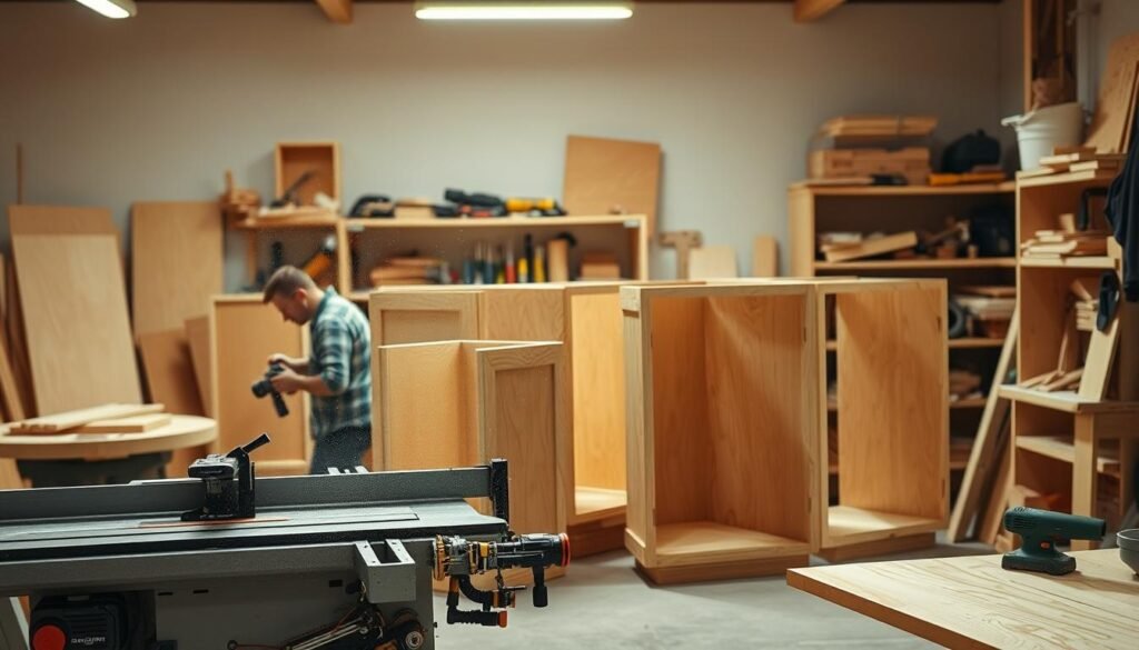 A well-lit workshop interior, with a table saw and power tools in the foreground. Carpenters constructing cabinet boxes from plywood sheets, using precise measurements and careful joinery techniques. Sawdust swirls in the air as they assemble the frames, fitting them together with wooden dowels and screws. In the background, shelves hold an assortment of hand tools and woodworking accessories. Warm, natural lighting illuminates the scene, casting soft shadows and highlighting the grain of the wood. The overall atmosphere is one of focused craftsmanship and attention to detail, reflecting the step-by-step process of building sturdy, frameless kitchen cabinets. A well-lit workshop interior, with a table saw and power tools in the foreground. Carpenters constructing cabinet boxes from plywood sheets, using precise measurements and careful joinery techniques. Sawdust swirls in the air as they assemble the frames, fitting them together with wooden dowels and screws. In the background, shelves hold an assortment of hand tools and woodworking accessories. Warm, natural lighting illuminates the scene, casting soft shadows and highlighting the grain of the wood. The overall atmosphere is one of focused craftsmanship and attention to detail, reflecting the step-by-step process of building sturdy, frameless kitchen cabinets.