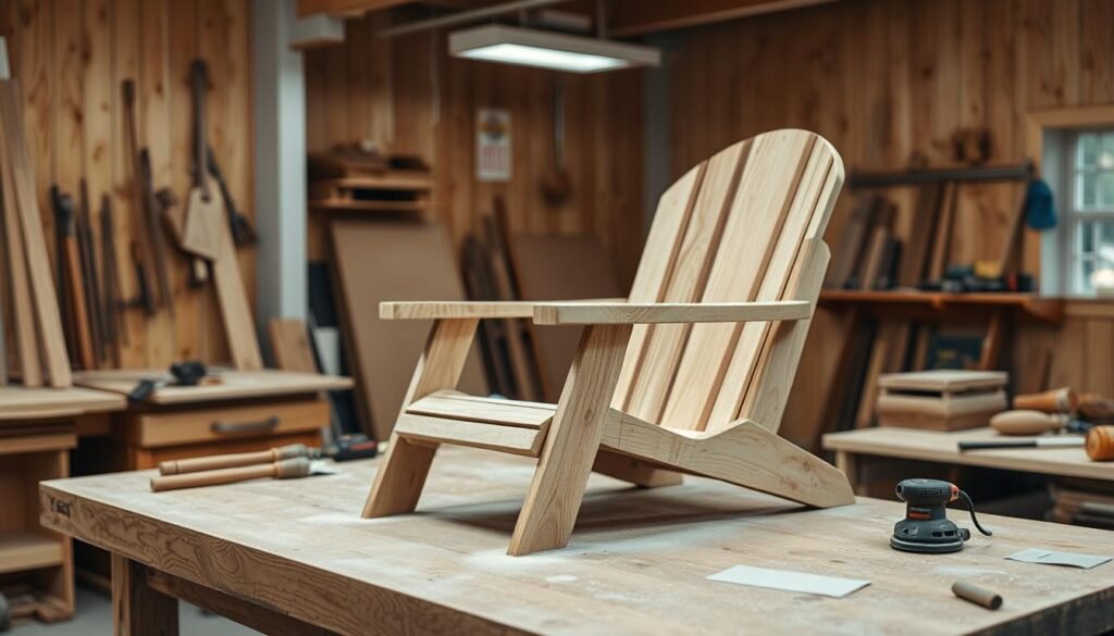 A well-lit workshop interior, wooden workbench in focus. On the bench, a wooden beach chair in mid-sanding, with delicate movements of a hand-held orbital sander smoothing the surface. Scattered around, various woodworking tools and sandpaper of varying grits. Soft, diffused lighting from overhead fixtures casts gentle shadows, highlighting the texture of the wood. The atmosphere is one of focused, meticulous craftsmanship - a serene, thoughtful process of refining and perfecting the chair's form in preparation for the final finishing touches. A well-lit workshop interior, wooden workbench in focus. On the bench, a wooden beach chair in mid-sanding, with delicate movements of a hand-held orbital sander smoothing the surface. Scattered around, various woodworking tools and sandpaper of varying grits. Soft, diffused lighting from overhead fixtures casts gentle shadows, highlighting the texture of the wood. The atmosphere is one of focused, meticulous craftsmanship - a serene, thoughtful process of refining and perfecting the chair's form in preparation for the final finishing touches.