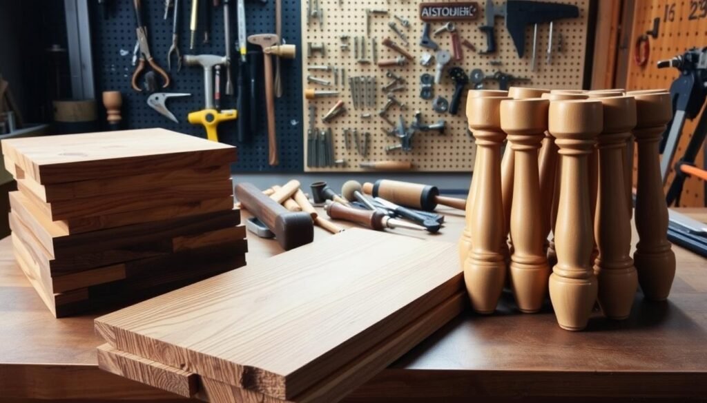 A well-lit workshop table showcasing an assortment of essential woodworking stool materials. In the foreground, a stack of sturdy oak boards, their rich grain patterns visible. Beside them, a bundle of turned maple legs, their smooth contours gleaming. In the middle ground, a collection of hand tools including a mallet, chisel, and hand saw, their metal surfaces reflecting the warm workshop lighting. In the background, a pegboard displays an array of fasteners, hinges, and other hardware crucial for stool assembly. The scene conveys a sense of craftsmanship, functionality, and the satisfying process of building a durable, versatile seating solution.
