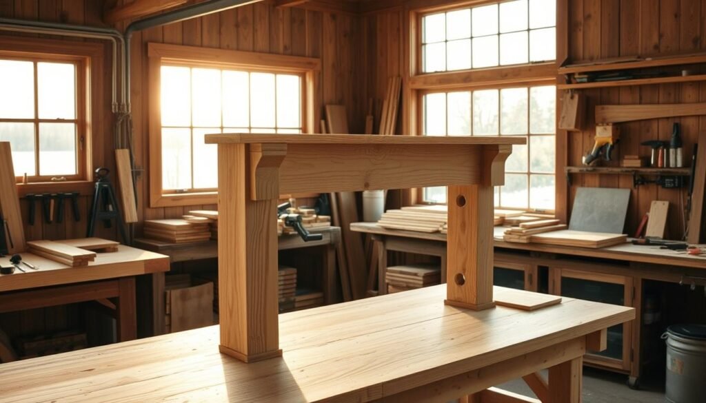 A well-lit workshop with a rustic wooden workbench and an array of woodworking tools. In the foreground, a DIY fireplace mantel takes shape, its intricate joinery and smooth sanded surface visible under the soft natural lighting. Stacks of raw lumber and a collection of finished mantel pieces sit on the bench, hinting at the creative process. The background features a large window overlooking a tranquil outdoor scene, casting a warm glow throughout the space and creating a cozy, inviting atmosphere for this artisanal woodworking project. A well-lit workshop with a rustic wooden workbench and an array of woodworking tools. In the foreground, a DIY fireplace mantel takes shape, its intricate joinery and smooth sanded surface visible under the soft natural lighting. Stacks of raw lumber and a collection of finished mantel pieces sit on the bench, hinting at the creative process. The background features a large window overlooking a tranquil outdoor scene, casting a warm glow throughout the space and creating a cozy, inviting atmosphere for this artisanal woodworking project.