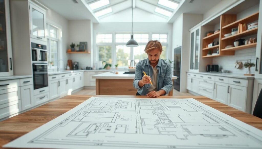 A well-organized, bright and airy kitchen space with a large central workstation. In the foreground, a detailed blueprint or plan of frameless kitchen cabinets is laid out on a wooden table, showcasing the various measurements, layouts and design elements. In the middle ground, a person is studying the plans intently, pencil in hand, considering the project. The background features an open concept kitchen with natural light streaming in through large windows, clean white walls, and minimalist decor. The overall mood is one of focused planning and preparation for a DIY frameless kitchen cabinet project. A well-organized, bright and airy kitchen space with a large central workstation. In the foreground, a detailed blueprint or plan of frameless kitchen cabinets is laid out on a wooden table, showcasing the various measurements, layouts and design elements. In the middle ground, a person is studying the plans intently, pencil in hand, considering the project. The background features an open concept kitchen with natural light streaming in through large windows, clean white walls, and minimalist decor. The overall mood is one of focused planning and preparation for a DIY frameless kitchen cabinet project.