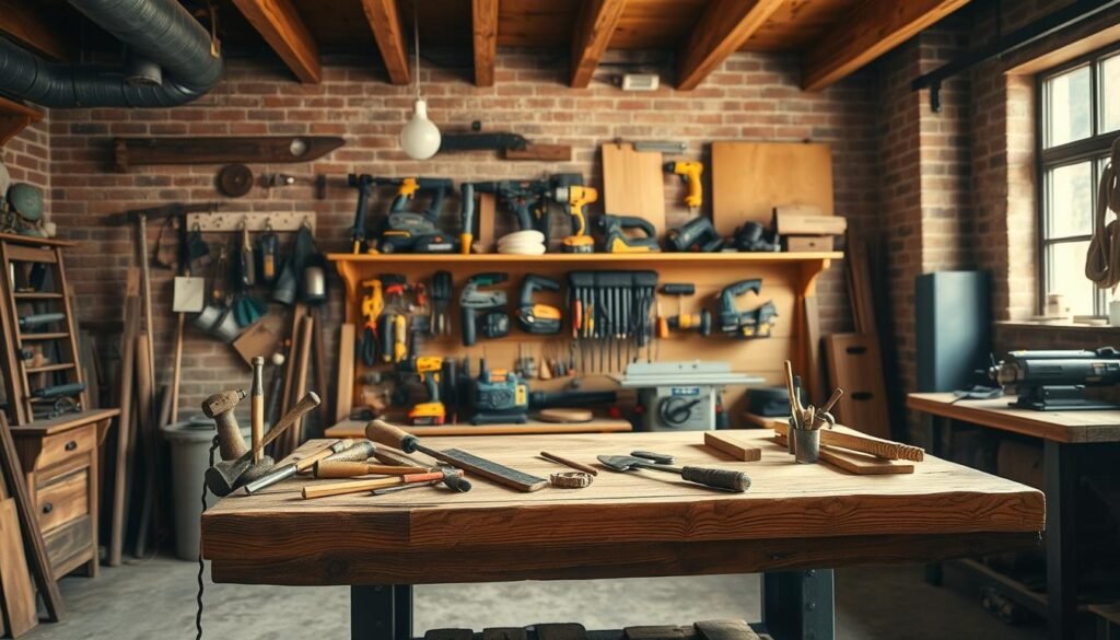 A well-organized woodworking workspace with a rustic, vintage aesthetic. In the foreground, a sturdy workbench made of weathered oak and iron, adorned with an assortment of hand tools. In the middle ground, shelves displaying an array of power tools, from a cordless drill to a table saw, all bathed in warm, natural lighting. The background features exposed brick walls and wooden ceiling beams, creating a cozy, industrial ambiance. Soft shadows and a slight vignette effect add depth and a sense of timelessness to the scene. The overall atmosphere evokes a sense of craftsmanship, productivity, and a passion for working with one's hands. A well-organized woodworking workspace with a rustic, vintage aesthetic. In the foreground, a sturdy workbench made of weathered oak and iron, adorned with an assortment of hand tools. In the middle ground, shelves displaying an array of power tools, from a cordless drill to a table saw, all bathed in warm, natural lighting. The background features exposed brick walls and wooden ceiling beams, creating a cozy, industrial ambiance. Soft shadows and a slight vignette effect add depth and a sense of timelessness to the scene. The overall atmosphere evokes a sense of craftsmanship, productivity, and a passion for working with one's hands.