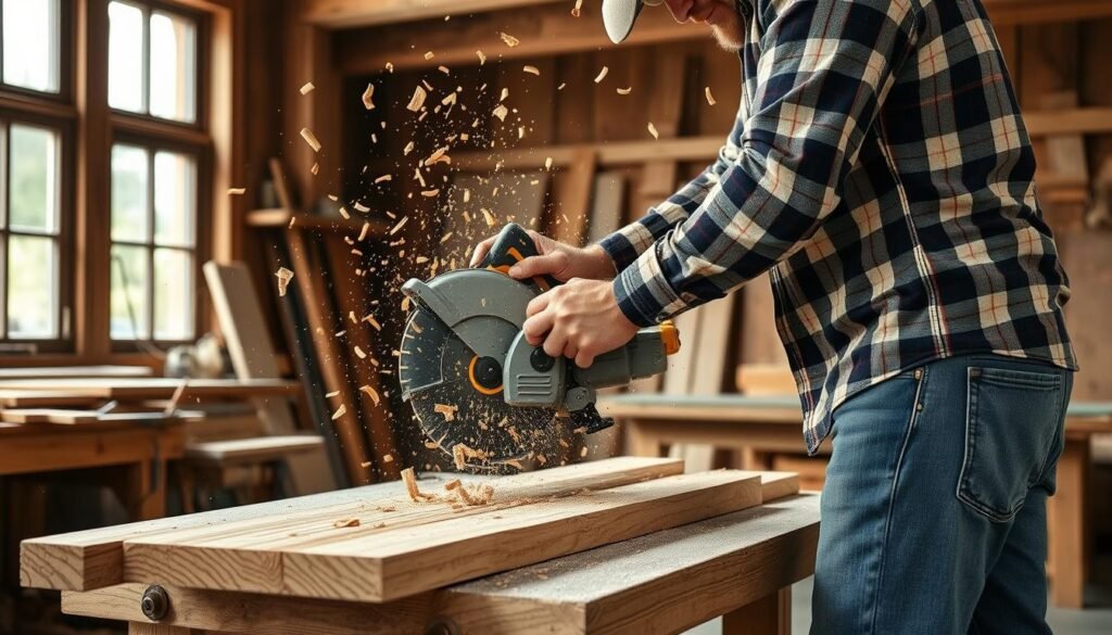 A woodworker diligently cutting thick, solid oak boards with a powerful miter saw, showers of wood chips flying in the air. The workspace is a rustic, well-lit workshop, with ample natural light streaming in through large windows. The workbench is sturdy and weathered, covered in sawdust and tools. The worker's flannel shirt and jeans are speckled with wood stain, conveying a sense of authentic craftsmanship. The scene exudes a warm, industrious atmosphere, capturing the essence of preparing raw materials for a handmade, heirloom-quality rustic bench. A woodworker diligently cutting thick, solid oak boards with a powerful miter saw, showers of wood chips flying in the air. The workspace is a rustic, well-lit workshop, with ample natural light streaming in through large windows. The workbench is sturdy and weathered, covered in sawdust and tools. The worker's flannel shirt and jeans are speckled with wood stain, conveying a sense of authentic craftsmanship. The scene exudes a warm, industrious atmosphere, capturing the essence of preparing raw materials for a handmade, heirloom-quality rustic bench.