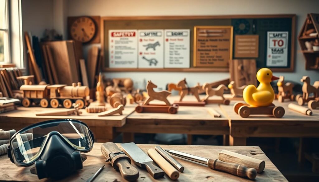 A workshop filled with wooden toys arranged neatly on workbenches, casting soft shadows under warm, overhead lighting. In the foreground, a pair of protective goggles, gloves, and a respirator mask sit alongside various woodworking tools - chisels, saws, sanders. The middle ground showcases intricate, handcrafted toy designs - a wooden train, a rocking horse, and a pull-along duck. In the background, a corkboard displays safety guidelines and best practices for crafting these whimsical playthings. The overall atmosphere conveys a sense of craftsmanship, attention to detail, and a commitment to responsible, safe woodworking. A workshop filled with wooden toys arranged neatly on workbenches, casting soft shadows under warm, overhead lighting. In the foreground, a pair of protective goggles, gloves, and a respirator mask sit alongside various woodworking tools - chisels, saws, sanders. The middle ground showcases intricate, handcrafted toy designs - a wooden train, a rocking horse, and a pull-along duck. In the background, a corkboard displays safety guidelines and best practices for crafting these whimsical playthings. The overall atmosphere conveys a sense of craftsmanship, attention to detail, and a commitment to responsible, safe woodworking.