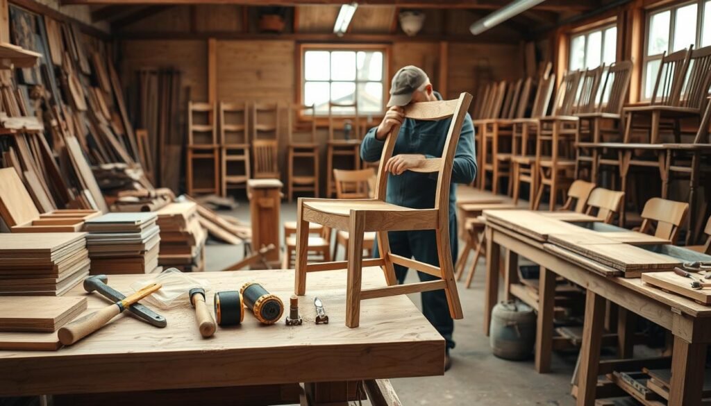 A workshop interior filled with natural light, a wooden workbench stands prominently in the foreground. On the bench, various woodworking tools and materials are neatly arranged, including chisels, hammers, and stacks of freshly sanded wood. In the middle ground, a skilled craftsperson carefully assembles the frame of a wooden chair, meticulously aligning the joints and applying wood glue. The background showcases an array of finished chairs, each with its own unique design and character, conveying a sense of tradition and craftsmanship. The overall scene exudes a warm, inviting atmosphere, encouraging the viewer to imagine the process of creating a handmade dining chair. A workshop interior filled with natural light, a wooden workbench stands prominently in the foreground. On the bench, various woodworking tools and materials are neatly arranged, including chisels, hammers, and stacks of freshly sanded wood. In the middle ground, a skilled craftsperson carefully assembles the frame of a wooden chair, meticulously aligning the joints and applying wood glue. The background showcases an array of finished chairs, each with its own unique design and character, conveying a sense of tradition and craftsmanship. The overall scene exudes a warm, inviting atmosphere, encouraging the viewer to imagine the process of creating a handmade dining chair.