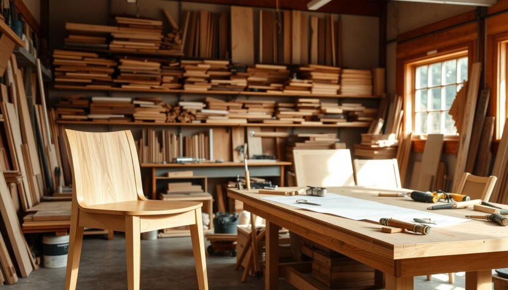 A workshop interior with a collection of woodworking furniture projects in various stages of completion. In the foreground, a sleek, modern dining chair with clean lines and a natural wood finish stands prominently. In the middle ground, a sturdy workbench is cluttered with hand tools, sketches, and partially assembled furniture pieces. The background reveals shelves lined with an assortment of wood stock, stains, and finishing supplies, casting a warm, inviting glow from natural sunlight filtering through large windows. The overall atmosphere conveys a sense of focused craftsmanship and the satisfaction of creating functional, beautiful pieces by hand. A workshop interior with a collection of woodworking furniture projects in various stages of completion. In the foreground, a sleek, modern dining chair with clean lines and a natural wood finish stands prominently. In the middle ground, a sturdy workbench is cluttered with hand tools, sketches, and partially assembled furniture pieces. The background reveals shelves lined with an assortment of wood stock, stains, and finishing supplies, casting a warm, inviting glow from natural sunlight filtering through large windows. The overall atmosphere conveys a sense of focused craftsmanship and the satisfaction of creating functional, beautiful pieces by hand.