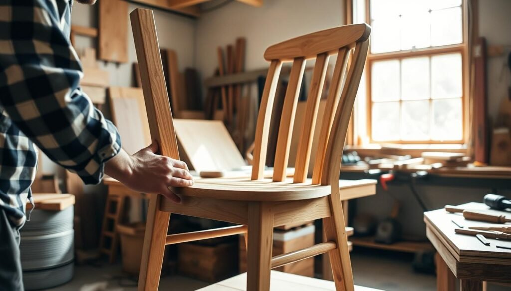 A workshop scene showcasing the construction of a wooden dining chair. In the foreground, a craftsman's hands delicately assemble the chair's structural components - the sturdy legs, the curved backrest, and the slatted seat. The middle ground reveals a well-equipped workbench with a variety of woodworking tools - chisels, saws, and clamps. In the background, sunlight streams through a large window, casting a warm, natural glow over the scene. The atmosphere exudes a sense of focus, precision, and the satisfaction of creating something by hand. A workshop scene showcasing the construction of a wooden dining chair. In the foreground, a craftsman's hands delicately assemble the chair's structural components - the sturdy legs, the curved backrest, and the slatted seat. The middle ground reveals a well-equipped workbench with a variety of woodworking tools - chisels, saws, and clamps. In the background, sunlight streams through a large window, casting a warm, natural glow over the scene. The atmosphere exudes a sense of focus, precision, and the satisfaction of creating something by hand.
