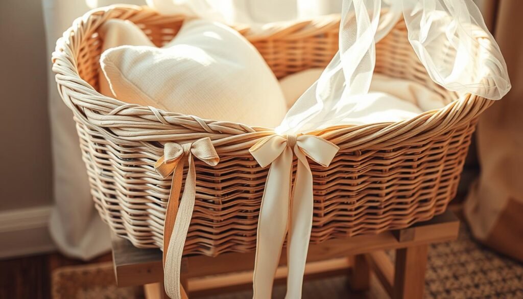 Cozy, rustic DIY moses basket with woven texture, positioned on a wooden stand. Soft, natural lighting illuminates delicate finishing touches - a plush, neutral-toned cushion, a simple yet elegant bow accent, and wispy, flowing fabrics draped gracefully. Warm, earthy tones and textures create a tranquil, nurturing atmosphere. The basket is shot from a low angle, capturing its handcrafted charm and comforting presence. A serene, homespun scene evoking a sense of warmth and care. Cozy, rustic DIY moses basket with woven texture, positioned on a wooden stand. Soft, natural lighting illuminates delicate finishing touches - a plush, neutral-toned cushion, a simple yet elegant bow accent, and wispy, flowing fabrics draped gracefully. Warm, earthy tones and textures create a tranquil, nurturing atmosphere. The basket is shot from a low angle, capturing its handcrafted charm and comforting presence. A serene, homespun scene evoking a sense of warmth and care.