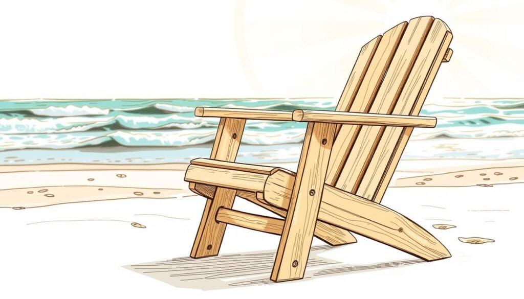 Detailed blueprint of a DIY wooden beach chair, sketched in warm, natural tones. Weathered wood planks and sturdy joints in the foreground, with a serene beach landscape in the background - rolling waves, sandy shores, and a vibrant, sun-dappled sky. Minimalistic, functional design emphasizes the craftsmanship, while the scenic setting evokes a sense of relaxation and outdoor adventure. Soft, directional lighting illuminates the chair's textures and curves, casting gentle shadows. A perfect illustration to inspire a welcoming, handcrafted retreat for lazy summer days. Detailed blueprint of a DIY wooden beach chair, sketched in warm, natural tones. Weathered wood planks and sturdy joints in the foreground, with a serene beach landscape in the background - rolling waves, sandy shores, and a vibrant, sun-dappled sky. Minimalistic, functional design emphasizes the craftsmanship, while the scenic setting evokes a sense of relaxation and outdoor adventure. Soft, directional lighting illuminates the chair's textures and curves, casting gentle shadows. A perfect illustration to inspire a welcoming, handcrafted retreat for lazy summer days.