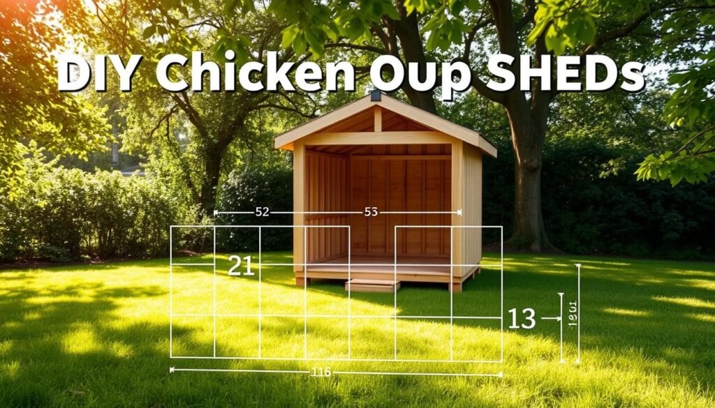 Detailed planning diagram of a DIY chicken coop shed, with a focus on shed size and dimensions. A wooden shed structure stands in the middle ground, with an open floor plan and clear measurements marked. In the foreground, a grid overlay shows different configuration options, allowing the viewer to visualize the shed's adaptability. The background features a lush, green outdoor setting, with trees and foliage framing the scene. The lighting is soft and natural, creating a warm, inviting atmosphere. The overall impression conveys a sense of careful consideration and practicality in the design process. Detailed planning diagram of a DIY chicken coop shed, with a focus on shed size and dimensions. A wooden shed structure stands in the middle ground, with an open floor plan and clear measurements marked. In the foreground, a grid overlay shows different configuration options, allowing the viewer to visualize the shed's adaptability. The background features a lush, green outdoor setting, with trees and foliage framing the scene. The lighting is soft and natural, creating a warm, inviting atmosphere. The overall impression conveys a sense of careful consideration and practicality in the design process.
