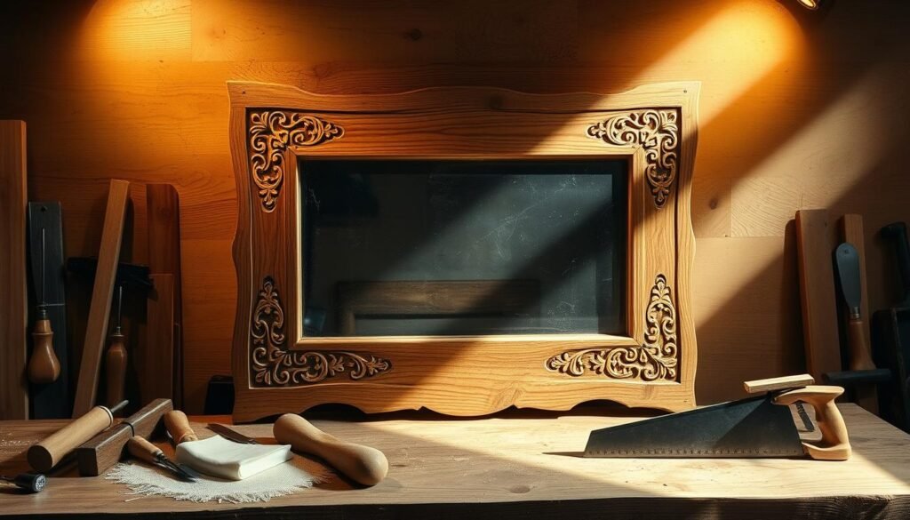 Detailed woodworking plans for a rustic, handcrafted mirror frame. The frame features intricate carved patterns, with a natural, weathered aesthetic. Arranged neatly on a workbench are the essential tools - chisels, sandpaper, and a sharp hand saw. Streams of warm, directional lighting illuminate the wood grain and cast dramatic shadows, creating an inviting, artisanal atmosphere. The mirror itself is slightly tarnished, adding an aged, vintage character to the design. The overall composition highlights the craftsmanship and attention to detail required for this woodworking project. Detailed woodworking plans for a rustic, handcrafted mirror frame. The frame features intricate carved patterns, with a natural, weathered aesthetic. Arranged neatly on a workbench are the essential tools - chisels, sandpaper, and a sharp hand saw. Streams of warm, directional lighting illuminate the wood grain and cast dramatic shadows, creating an inviting, artisanal atmosphere. The mirror itself is slightly tarnished, adding an aged, vintage character to the design. The overall composition highlights the craftsmanship and attention to detail required for this woodworking project.