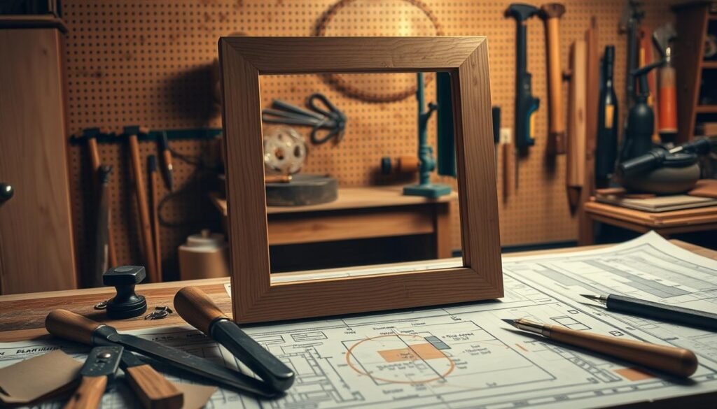 Detailed woodworking plans for a rustic mirror frame, displayed on a sturdy workbench in a well-lit workshop. The foreground features carefully arranged tools and hardware like chisels, sandpaper, and finishing nails. In the middle ground, the unfinished mirror frame takes shape, its grain and texture visible. The background showcases a pegboard wall with additional woodworking tools, providing a sense of the dedicated workspace. Soft, directional lighting casts warm shadows, creating an atmosphere of focused craftsmanship. The overall scene conveys the precise preparation and attention to detail required for safe and successful mirror construction. Detailed woodworking plans for a rustic mirror frame, displayed on a sturdy workbench in a well-lit workshop. The foreground features carefully arranged tools and hardware like chisels, sandpaper, and finishing nails. In the middle ground, the unfinished mirror frame takes shape, its grain and texture visible. The background showcases a pegboard wall with additional woodworking tools, providing a sense of the dedicated workspace. Soft, directional lighting casts warm shadows, creating an atmosphere of focused craftsmanship. The overall scene conveys the precise preparation and attention to detail required for safe and successful mirror construction.