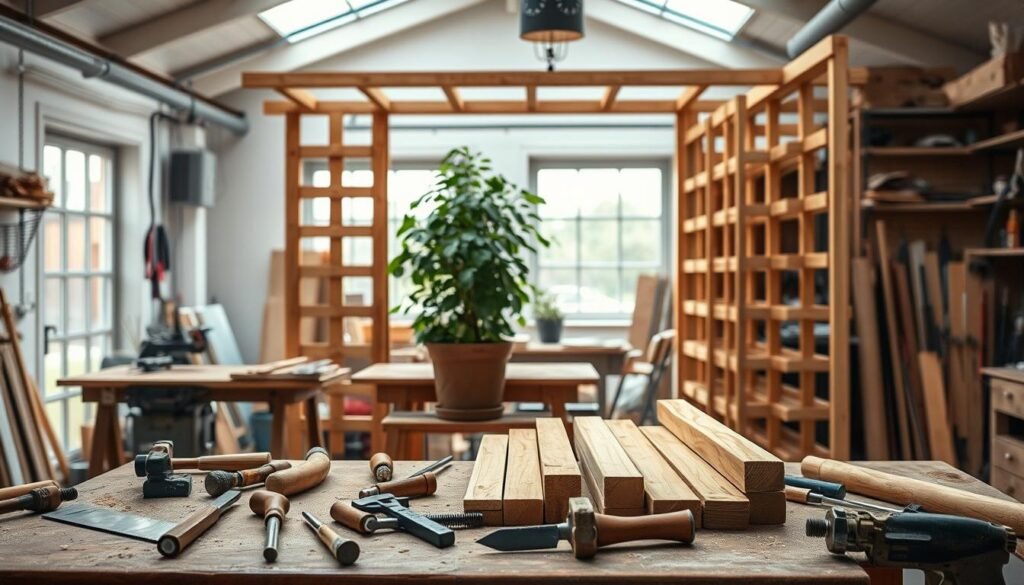 Detailed workshop scene showing the tools and equipment needed to build a wooden trellis. In the foreground, a workbench with various hand tools like saws, hammers, and chisels. On the bench, several wooden slats and beams in different sizes. In the middle ground, a large potted plant stands next to the workbench, hinting at the future use of the trellis. The background features a bright, airy workshop interior with large windows letting in natural light. The overall mood is one of focused productivity and craftsmanship, with a sense of tranquility and care for the materials and process. Detailed workshop scene showing the tools and equipment needed to build a wooden trellis. In the foreground, a workbench with various hand tools like saws, hammers, and chisels. On the bench, several wooden slats and beams in different sizes. In the middle ground, a large potted plant stands next to the workbench, hinting at the future use of the trellis. The background features a bright, airy workshop interior with large windows letting in natural light. The overall mood is one of focused productivity and craftsmanship, with a sense of tranquility and care for the materials and process.