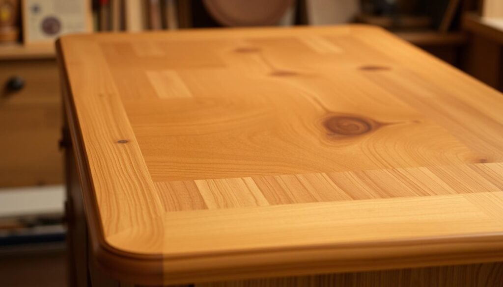 Finished woodworking project with perfectly executed wood filler repairs