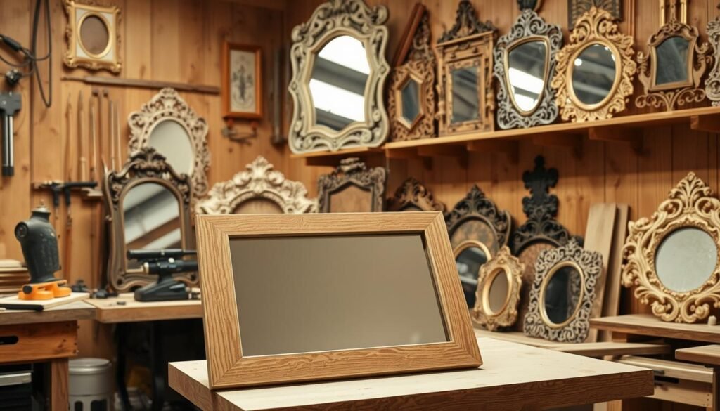 Intricate woodworking mirror designs, showcasing the beauty of natural grain and skillful craftsmanship. A warm, well-lit workshop setting, with tools and materials neatly arranged. In the foreground, a sleek, rectangular mirror frame takes shape, its edges sanded smooth and edges beveled. Delicate hand-carved floral patterns adorn the frame, casting soft shadows. In the middle ground, several mirror prototypes in various stages of completion, each with a unique design aesthetic. The background features a wall of wooden shelves, displaying an assortment of ornate mirror frames, ready to be customized and personalized. An atmosphere of artistry, precision, and attention to detail permeates the scene. Intricate woodworking mirror designs, showcasing the beauty of natural grain and skillful craftsmanship. A warm, well-lit workshop setting, with tools and materials neatly arranged. In the foreground, a sleek, rectangular mirror frame takes shape, its edges sanded smooth and edges beveled. Delicate hand-carved floral patterns adorn the frame, casting soft shadows. In the middle ground, several mirror prototypes in various stages of completion, each with a unique design aesthetic. The background features a wall of wooden shelves, displaying an assortment of ornate mirror frames, ready to be customized and personalized. An atmosphere of artistry, precision, and attention to detail permeates the scene.