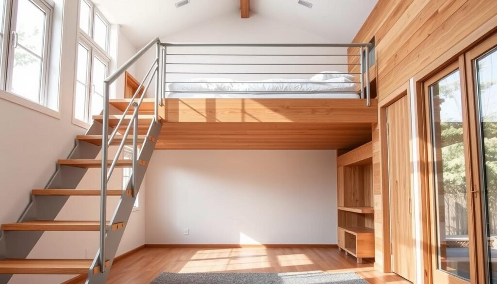 Loft bed with a modern, minimalist staircase design. Bright, airy room with natural light filtering in through large windows. The staircase features clean lines, sleek wooden treads, and a minimalist metal railing. The loft bed is positioned in the center, with ample space underneath for a small seating area or desk. Warm-toned wooden accents throughout, creating a cozy and inviting atmosphere. The overall scene exudes a sense of functionality, safety, and effortless style, perfectly suited for a DIY loft bed project. Loft bed with a modern, minimalist staircase design. Bright, airy room with natural light filtering in through large windows. The staircase features clean lines, sleek wooden treads, and a minimalist metal railing. The loft bed is positioned in the center, with ample space underneath for a small seating area or desk. Warm-toned wooden accents throughout, creating a cozy and inviting atmosphere. The overall scene exudes a sense of functionality, safety, and effortless style, perfectly suited for a DIY loft bed project.