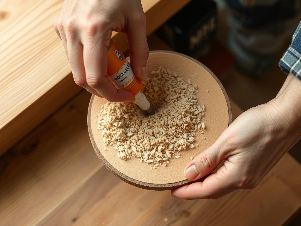 Mixing sawdust with wood glue to create a custom wood filler