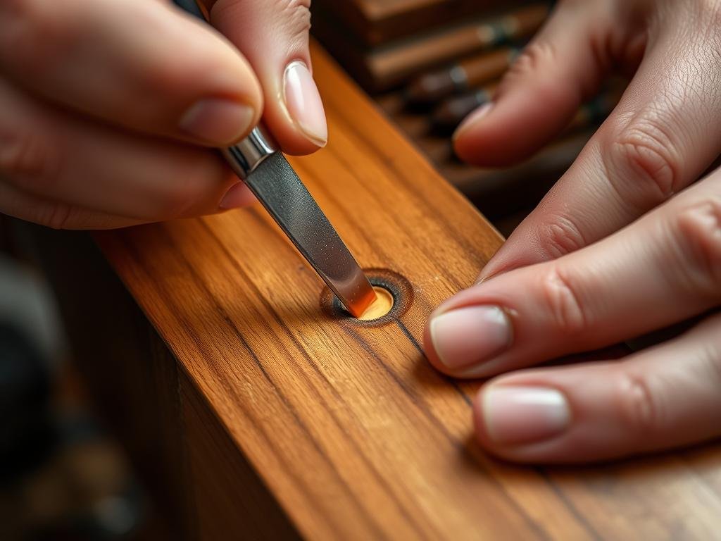 Professional furniture restorer using shellac stick burn-in technique