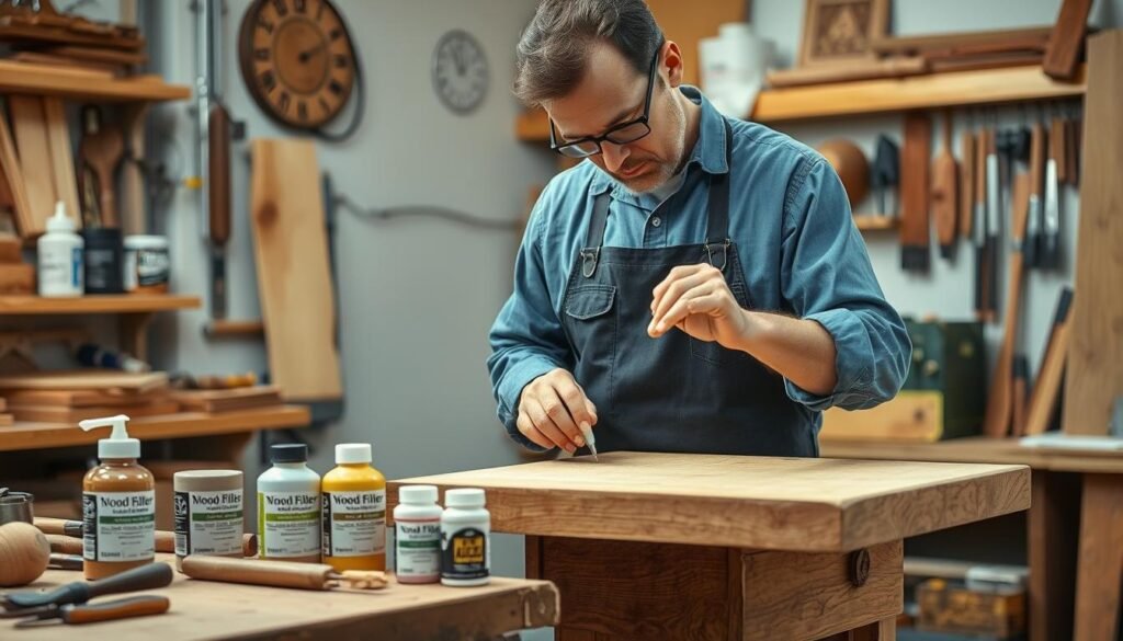 Professional woodworker demonstrating advanced wood filler techniques