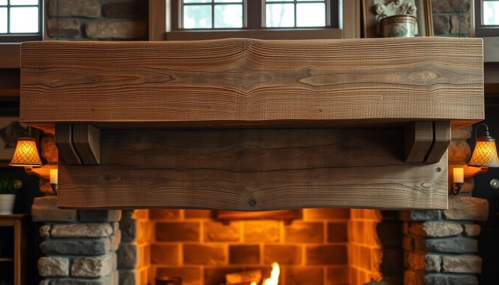 a detailed, high-quality, realistic image of a reclaimed wood mantel, set against a warm, rustic interior with natural lighting. The mantel is made from distressed, weathered wooden planks with visible knots, grains, and subtle variations in color. The mantel is positioned above a cozy fireplace, surrounded by stone or brick walls. The scene has a cozy, inviting atmosphere, with soft, diffused lighting from windows or lamps, casting gentle shadows and highlights on the mantel and its surroundings. The overall composition emphasizes the natural beauty and character of the reclaimed wood, showcasing its unique and authentic appearance. a detailed, high-quality, realistic image of a reclaimed wood mantel, set against a warm, rustic interior with natural lighting. The mantel is made from distressed, weathered wooden planks with visible knots, grains, and subtle variations in color. The mantel is positioned above a cozy fireplace, surrounded by stone or brick walls. The scene has a cozy, inviting atmosphere, with soft, diffused lighting from windows or lamps, casting gentle shadows and highlights on the mantel and its surroundings. The overall composition emphasizes the natural beauty and character of the reclaimed wood, showcasing its unique and authentic appearance.