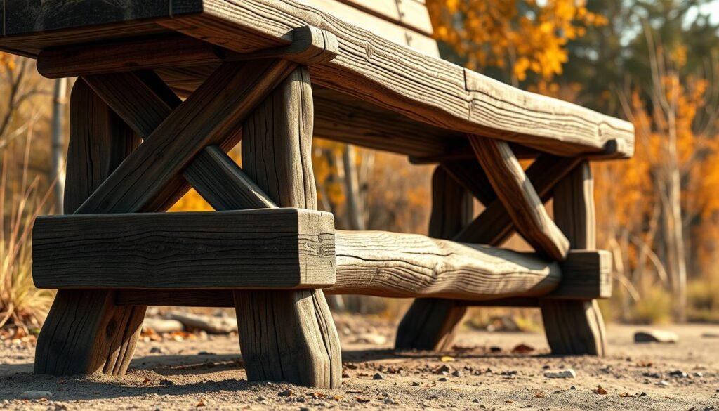 a highly detailed, photorealistic image of a sturdy, rustic wooden bench support structure, set against a warm, natural background. The structure consists of thick, weathered wooden beams and cross-braces, meticulously crafted with visible joints and textures. The legs are firmly rooted in the ground, conveying a sense of stability and permanence. Subtle shadows and highlights accentuate the dimensional quality of the wood, while soft, diffused lighting creates a cozy, inviting atmosphere. The overall composition emphasizes the structural integrity and craftsmanship of the support system, evoking a sense of rustic charm and functionality. a highly detailed, photorealistic image of a sturdy, rustic wooden bench support structure, set against a warm, natural background. The structure consists of thick, weathered wooden beams and cross-braces, meticulously crafted with visible joints and textures. The legs are firmly rooted in the ground, conveying a sense of stability and permanence. Subtle shadows and highlights accentuate the dimensional quality of the wood, while soft, diffused lighting creates a cozy, inviting atmosphere. The overall composition emphasizes the structural integrity and craftsmanship of the support system, evoking a sense of rustic charm and functionality.
