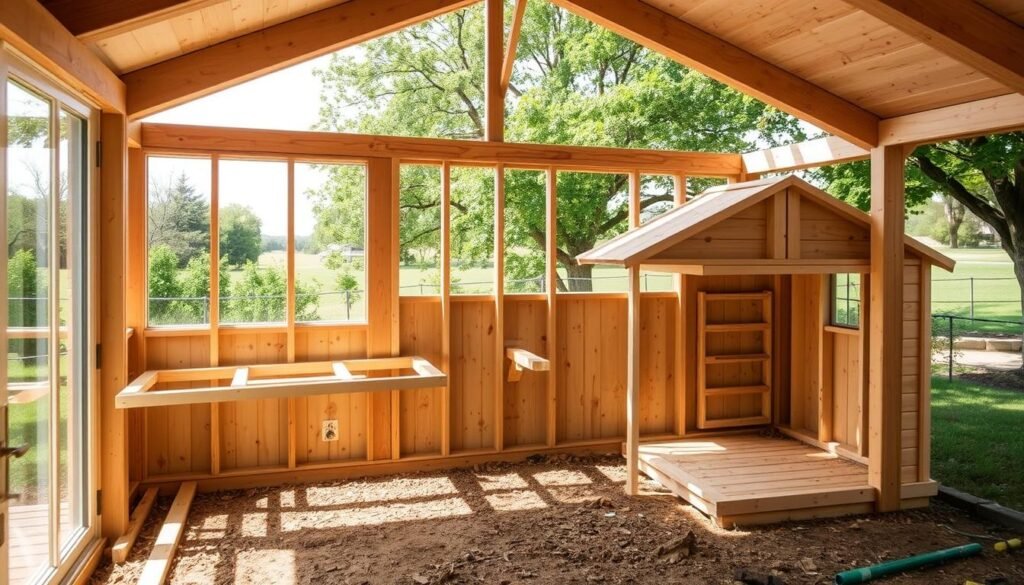 a well-lit, airy interior of a DIY chicken coop shed, showcasing the essential design considerations for a functional and practical structure. The shed is positioned in a lush, verdant backyard, with natural light streaming in through large windows. The foreground features a detailed view of the coop's construction, highlighting the sturdy wooden frame, weather-resistant siding, and functional features like nesting boxes and roosting bars. The middle ground showcases the overall layout and proportions of the coop, emphasizing its pragmatic design and integration with the surrounding environment. The background depicts a serene, pastoral scene, with mature trees and a picturesque landscape, creating a harmonious and inviting atmosphere for the coop. a well-lit, airy interior of a DIY chicken coop shed, showcasing the essential design considerations for a functional and practical structure. The shed is positioned in a lush, verdant backyard, with natural light streaming in through large windows. The foreground features a detailed view of the coop's construction, highlighting the sturdy wooden frame, weather-resistant siding, and functional features like nesting boxes and roosting bars. The middle ground showcases the overall layout and proportions of the coop, emphasizing its pragmatic design and integration with the surrounding environment. The background depicts a serene, pastoral scene, with mature trees and a picturesque landscape, creating a harmonious and inviting atmosphere for the coop.
