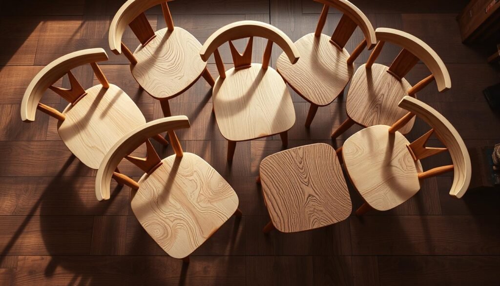 a well-lit, high-angle shot of a selection of handcrafted dining chair designs, showcasing various types of wood with distinctive grains and textures. the chairs are arranged on a rustic wooden surface, with a natural, earthy palette and soft shadows creating a warm, inviting atmosphere. the design of the chairs features clean lines, subtle curves, and a focus on the inherent beauty of the materials. the image captures the tactile and artisanal qualities of the woodworking process, inspiring the viewer to consider the unique character and properties of different wood species when crafting their own dining chair. a well-lit, high-angle shot of a selection of handcrafted dining chair designs, showcasing various types of wood with distinctive grains and textures. the chairs are arranged on a rustic wooden surface, with a natural, earthy palette and soft shadows creating a warm, inviting atmosphere. the design of the chairs features clean lines, subtle curves, and a focus on the inherent beauty of the materials. the image captures the tactile and artisanal qualities of the woodworking process, inspiring the viewer to consider the unique character and properties of different wood species when crafting their own dining chair.