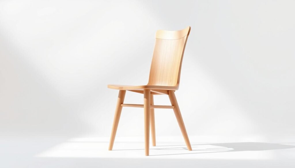a well-lit, high-quality 3D rendering of a modern, minimalist wooden dining chair design with clean lines, a slightly curved backrest, and a sturdy, tapered leg structure. The chair is positioned in a serene, airy studio setting with soft, diffused lighting from multiple angles, casting subtle shadows and highlights that accentuate the natural wood grain and textures. The camera angle is slightly elevated, providing a balanced, visually appealing perspective of the chair's ergonomic form and proportions, showcasing its potential for comfortable, long-lasting use. a well-lit, high-quality 3D rendering of a modern, minimalist wooden dining chair design with clean lines, a slightly curved backrest, and a sturdy, tapered leg structure. The chair is positioned in a serene, airy studio setting with soft, diffused lighting from multiple angles, casting subtle shadows and highlights that accentuate the natural wood grain and textures. The camera angle is slightly elevated, providing a balanced, visually appealing perspective of the chair's ergonomic form and proportions, showcasing its potential for comfortable, long-lasting use.