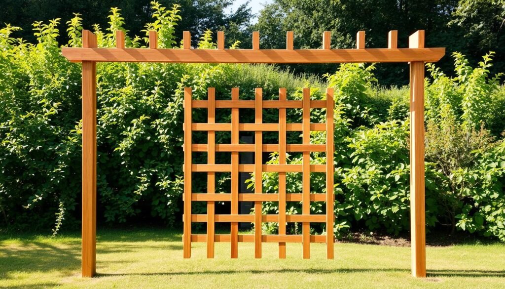a woodworking trellis with a classic lattice design, situated in a well-lit garden setting. the trellis is constructed from sturdy, natural-looking wooden beams and slats, creating a visually appealing and functional support structure for climbing vines or plants. the trellis is positioned in the middle ground, with a lush, verdant background of flourishing greenery and a warm, diffused lighting that casts gentle shadows, conveying a sense of tranquility and natural harmony. the overall composition emphasizes the simplicity and elegance of the diy trellis, highlighting its practical application within a serene, idyllic outdoor environment. a woodworking trellis with a classic lattice design, situated in a well-lit garden setting. the trellis is constructed from sturdy, natural-looking wooden beams and slats, creating a visually appealing and functional support structure for climbing vines or plants. the trellis is positioned in the middle ground, with a lush, verdant background of flourishing greenery and a warm, diffused lighting that casts gentle shadows, conveying a sense of tranquility and natural harmony. the overall composition emphasizes the simplicity and elegance of the diy trellis, highlighting its practical application within a serene, idyllic outdoor environment.