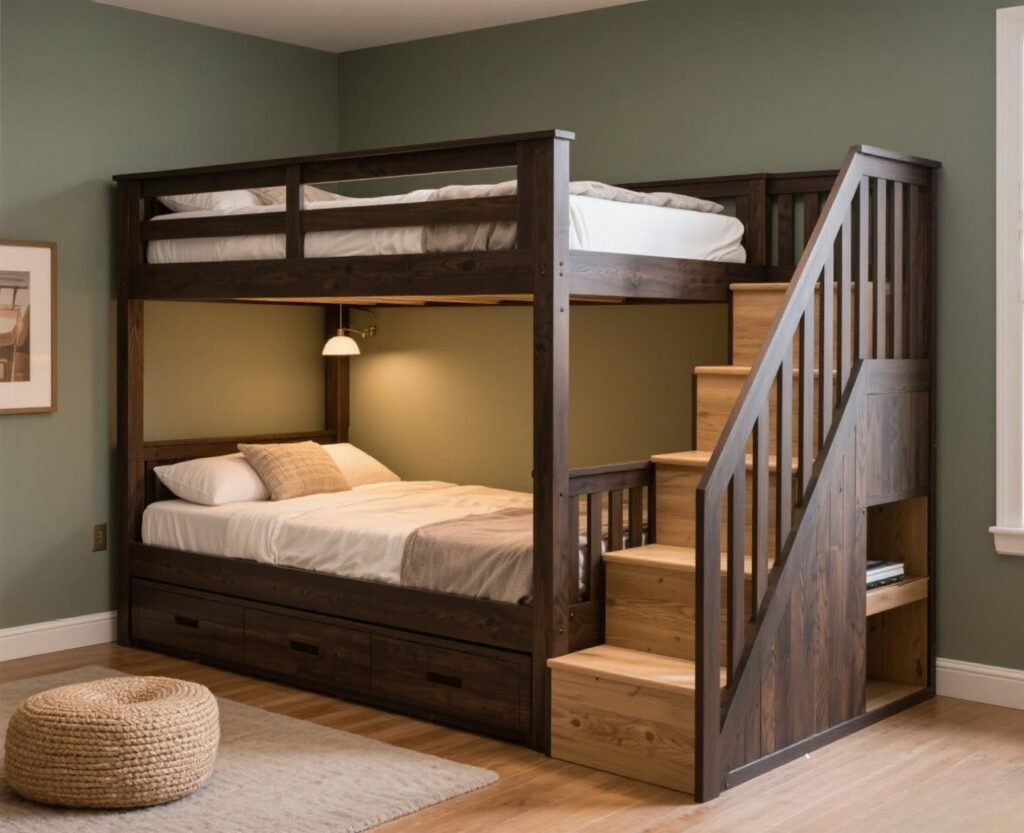 Modern DIY loft bunk bed with built-in steps and storage in a cozy bedroom setting