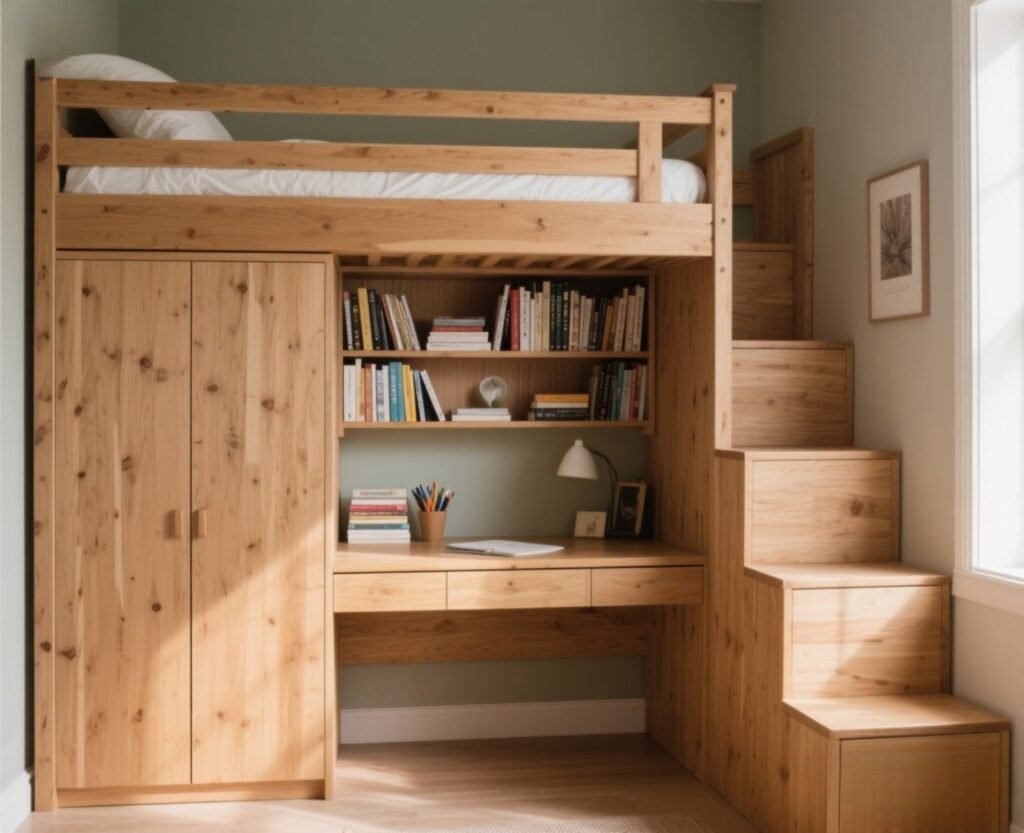 loft bed with staircase and drawers
