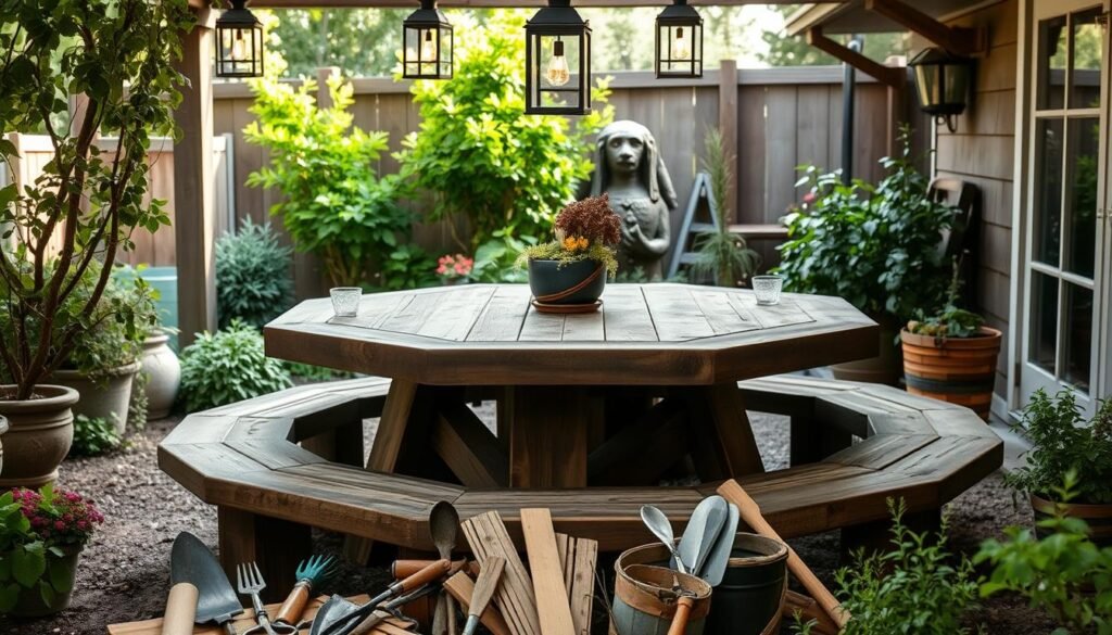 Handcrafted octagon picnic table made of cedar wood in a sunny backyard, perfect for family gatherings.
