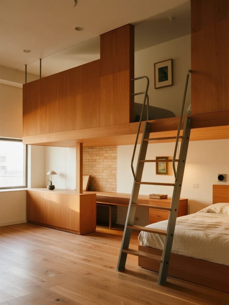 A detailed, well-crafted loft bed frame construction in a bright, natural-lit workshop setting. The frame is made of sturdy wooden beams, with visible joinery and intricate details. The staircase is prominently featured, showcasing its robust structure and elegant design. Soft shadows cast by the frame create depth and dimension, while the overall composition highlights the engineering and craftsmanship involved in building this DIY full size staircase loft bed. The image conveys a sense of functionality, durability, and the satisfaction of a successful DIY project.