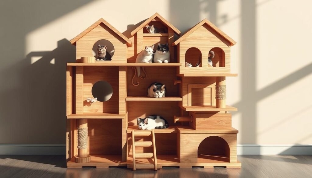 A beautifully crafted DIY cat house puzzle design, featuring a cozy wooden structure with intricate laser-cut pieces that interlock to create a multi-level feline retreat. The design showcases a warm, earthy color palette with natural wood tones, enhanced by soft, indirect lighting that casts gentle shadows, creating a welcoming atmosphere. The puzzle pieces are arranged in a visually appealing, symmetrical layout, with subtle details like perches, scratching posts, and hidden nooks that cater to a cat's playful nature. The overall composition conveys a sense of thoughtful, functional design that blends seamlessly with the surrounding environment, making it an ideal addition to any cat-friendly home.