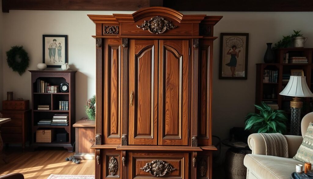 A beautifully crafted, custom-designed wooden bookcase stands as the centerpiece of the room. The front features intricate carvings and a rich, warm stain, drawing the eye to its elegant design. Hidden behind a cleverly concealed panel, a secret compartment waits to be discovered, perfect for storing cherished items or personal mementos. Soft, directional lighting casts a gentle glow, highlighting the bookcase's fine details and the depth of the wood grain. The bookcase is positioned in a cozy, well-appointed space, with a mix of décor and personal touches that create a inviting, homely atmosphere, ideal for an experienced woodworker's sister's heartfelt Christmas gift. A beautifully crafted, custom-designed wooden bookcase stands as the centerpiece of the room. The front features intricate carvings and a rich, warm stain, drawing the eye to its elegant design. Hidden behind a cleverly concealed panel, a secret compartment waits to be discovered, perfect for storing cherished items or personal mementos. Soft, directional lighting casts a gentle glow, highlighting the bookcase's fine details and the depth of the wood grain. The bookcase is positioned in a cozy, well-appointed space, with a mix of décor and personal touches that create a inviting, homely atmosphere, ideal for an experienced woodworker's sister's heartfelt Christmas gift.