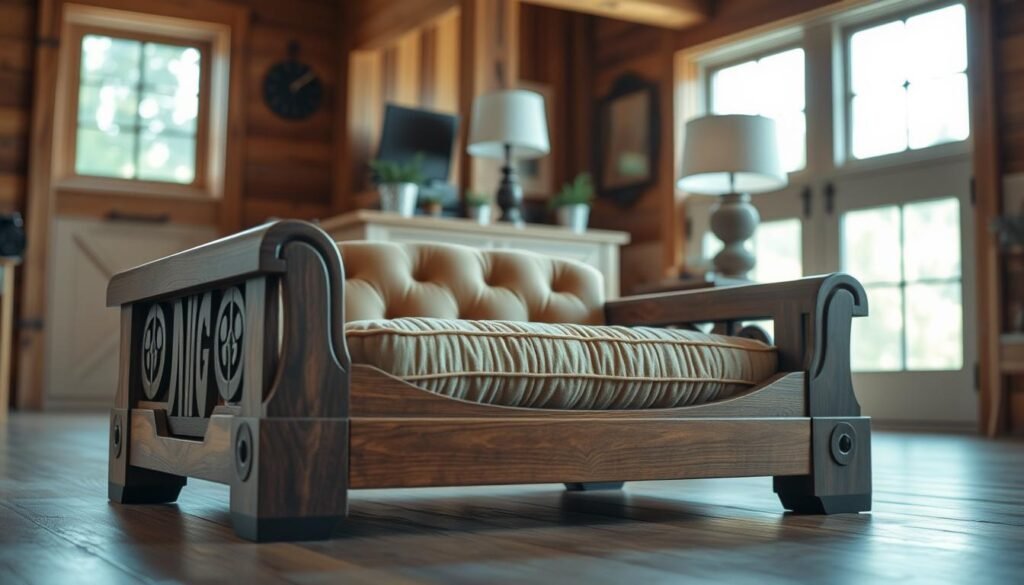 A beautifully crafted, custom dog bed design resting in a warm, rustic setting. In the foreground, a sturdy, wooden frame supports a plush, tufted cushion in a neutral, earthy tone. Intricate wood carvings and natural textures adorn the sides, creating a one-of-a-kind aesthetic. Soft, diffused lighting casts a cozy glow, highlighting the bed's elegant silhouette. In the middle ground, a wooden side table with a decorative lamp stands nearby, complementing the overall design. The background features a charming, farmhouse-inspired setting, with wooden beams, warm-toned walls, and a hint of greenery peeking through the windows, evoking a sense of comfort and tranquility.