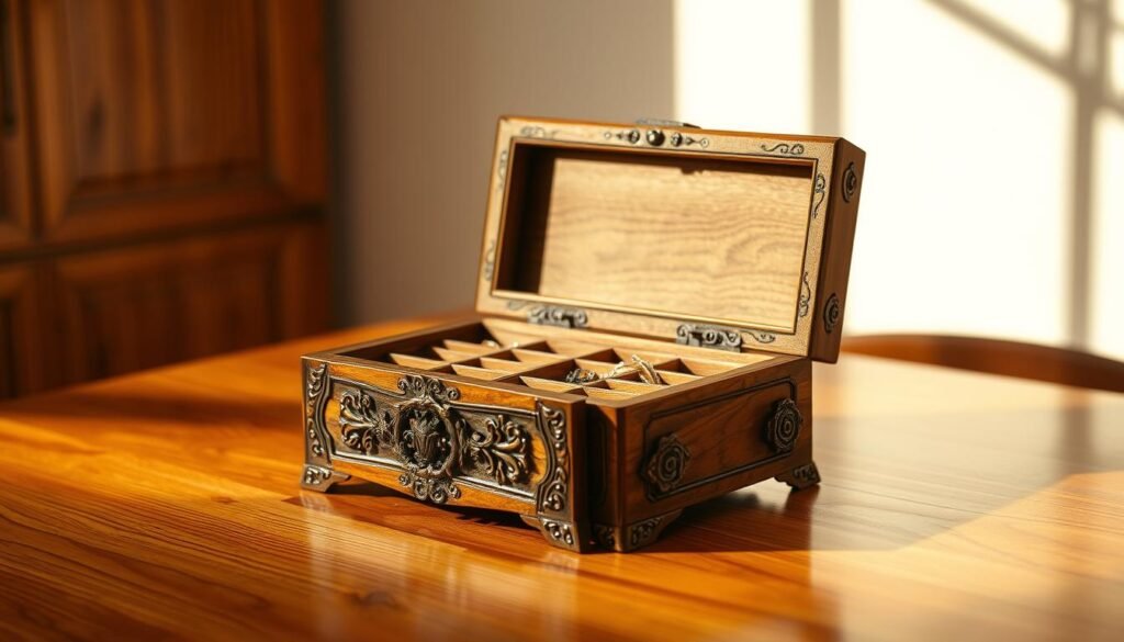 A beautifully crafted custom wooden jewelry box resting on a polished wooden surface, illuminated by warm, natural lighting. The box features intricate details, such as ornate carvings and a hinged lid revealing multiple compartments of varying sizes, perfect for storing an array of precious jewelry. The warm, honey-toned wood grain creates a cozy, inviting atmosphere, evoking a sense of timeless elegance. The box is photographed from a slight angle, capturing its depth and craftsmanship, with a soft, blurred background that allows the exquisite details to take center stage. A beautifully crafted custom wooden jewelry box resting on a polished wooden surface, illuminated by warm, natural lighting. The box features intricate details, such as ornate carvings and a hinged lid revealing multiple compartments of varying sizes, perfect for storing an array of precious jewelry. The warm, honey-toned wood grain creates a cozy, inviting atmosphere, evoking a sense of timeless elegance. The box is photographed from a slight angle, capturing its depth and craftsmanship, with a soft, blurred background that allows the exquisite details to take center stage.