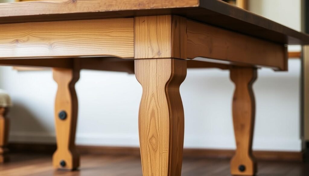 A beautifully crafted farmhouse table, its sturdy legs and aprons taking center stage. Warm, natural wood tones bathed in soft, diffused lighting, capturing the rustic charm of a cozy country kitchen. The legs, with their gentle tapers and distressed textures, stand tall and proud, supporting the weight of the tabletop above. Flanking the legs, the aprons stretch out in graceful arcs, their clean lines and subtle detailing adding visual interest and structural integrity. The entire scene exudes a sense of timeless craftsmanship, inviting the viewer to imagine the stories that could unfold around this handcrafted piece of furniture.