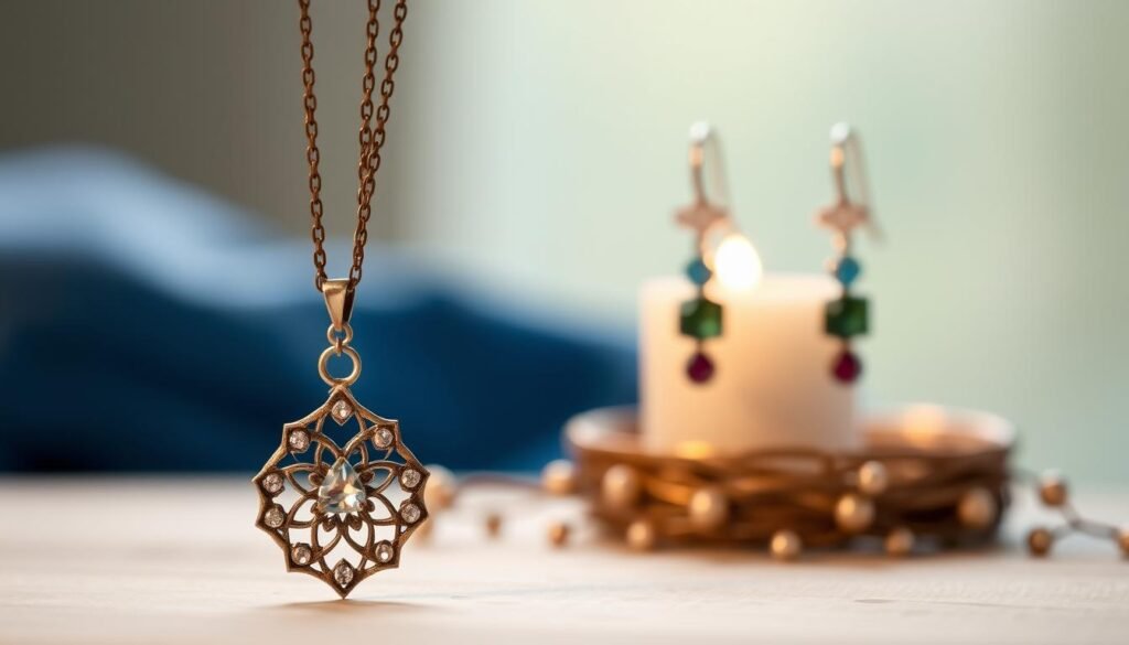 A beautifully crafted handmade jewelry piece, a thoughtful and unique Christmas gift for a beloved wife. In the foreground, a delicate necklace with a pendant of intricate metalwork, accented by sparkling gemstones. The middle ground showcases a pair of earrings, their elegant design a harmonious blend of precious metals and semiprecious stones. In the background, a serene, softly lit setting, evoking a sense of tranquility and craftsmanship. The overall composition radiates a warm, intimate atmosphere, capturing the essence of a handcrafted treasure that rivals store-bought alternatives. A beautifully crafted handmade jewelry piece, a thoughtful and unique Christmas gift for a beloved wife. In the foreground, a delicate necklace with a pendant of intricate metalwork, accented by sparkling gemstones. The middle ground showcases a pair of earrings, their elegant design a harmonious blend of precious metals and semiprecious stones. In the background, a serene, softly lit setting, evoking a sense of tranquility and craftsmanship. The overall composition radiates a warm, intimate atmosphere, capturing the essence of a handcrafted treasure that rivals store-bought alternatives.