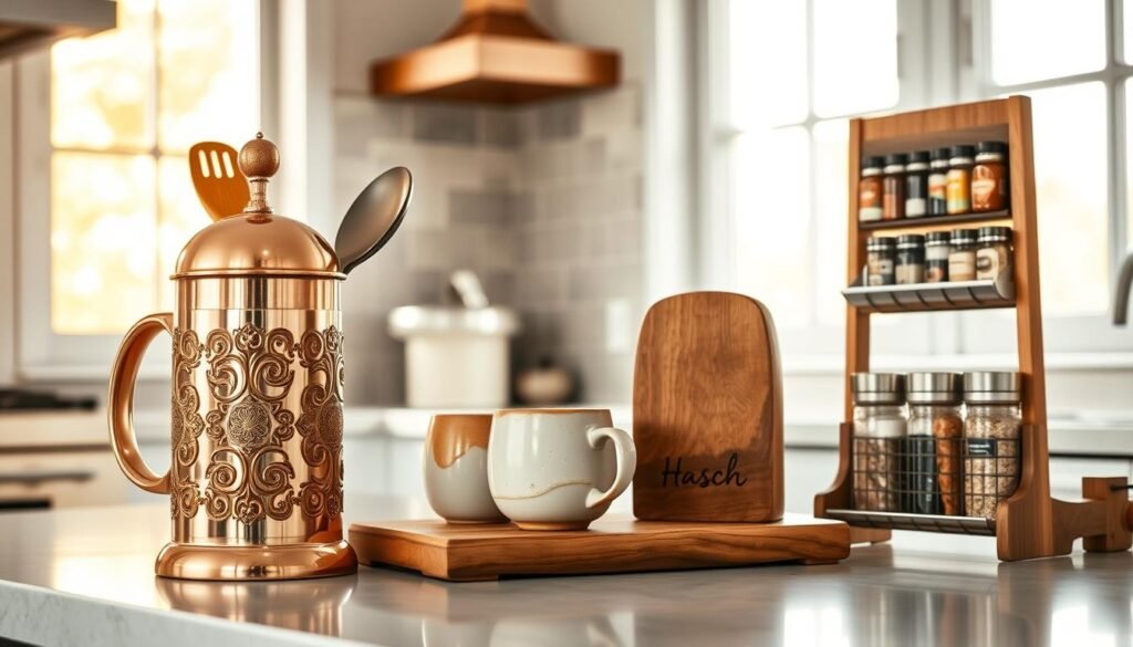 A beautifully crafted kitchen counter, adorned with a set of elegant, personalized accessories. In the foreground, a gleaming copper French press stands alongside a handcrafted wooden utensil holder, its intricate carvings catching the warm, natural light streaming in from large windows. In the middle ground, a trio of artisanal ceramic mugs in muted hues adds a touch of rustic charm, while a sleek, minimalist spice rack houses an array of fragrant spices. The background features a tiled backsplash in a soft, muted color palette, complementing the overall earthy, homey atmosphere. The scene conveys a sense of thoughtful curation and practical utility, perfect for a DIY gift that parents will truly appreciate. A beautifully crafted kitchen counter, adorned with a set of elegant, personalized accessories. In the foreground, a gleaming copper French press stands alongside a handcrafted wooden utensil holder, its intricate carvings catching the warm, natural light streaming in from large windows. In the middle ground, a trio of artisanal ceramic mugs in muted hues adds a touch of rustic charm, while a sleek, minimalist spice rack houses an array of fragrant spices. The background features a tiled backsplash in a soft, muted color palette, complementing the overall earthy, homey atmosphere. The scene conveys a sense of thoughtful curation and practical utility, perfect for a DIY gift that parents will truly appreciate.