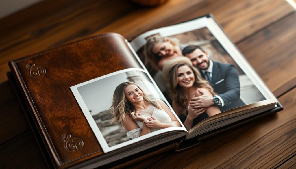 A beautifully crafted photo album with a weathered leather cover, its surface adorned with intricate embossed designs. The pages within are thick, high-quality parchment, each one featuring a stunning image of a happy couple, their faces aglow with the joy of cherished memories. The album is illuminated by soft, warm lighting, casting a cozy, intimate atmosphere. The camera angles capture the album from various perspectives, showcasing its elegant craftsmanship and the care with which the photos have been arranged and displayed. This personalized keepsake is a heartfelt expression of love and a timeless treasure that will be cherished for years to come. A beautifully crafted photo album with a weathered leather cover, its surface adorned with intricate embossed designs. The pages within are thick, high-quality parchment, each one featuring a stunning image of a happy couple, their faces aglow with the joy of cherished memories. The album is illuminated by soft, warm lighting, casting a cozy, intimate atmosphere. The camera angles capture the album from various perspectives, showcasing its elegant craftsmanship and the care with which the photos have been arranged and displayed. This personalized keepsake is a heartfelt expression of love and a timeless treasure that will be cherished for years to come.