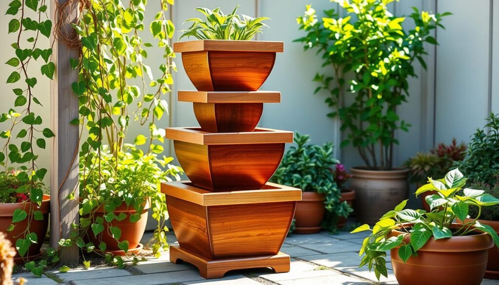 A beautifully crafted tiered garden planter made of rich, warm-toned wood stands prominently in a sun-dappled outdoor setting. The planter features three stacked levels, each with a slightly tapered shape that adds visual interest. Intricate woodworking details, such as smooth, rounded edges and a subtle sheen, elevate the design. The planter is surrounded by lush, vibrant greenery, including trailing vines and potted plants, creating a harmonious, natural ambiance. Soft, directional lighting casts gentle shadows, highlighting the planter's well-executed craftsmanship. The overall composition conveys a sense of rustic elegance, inviting the viewer to imagine this handcrafted piece enhancing a cozy backyard or garden setting.